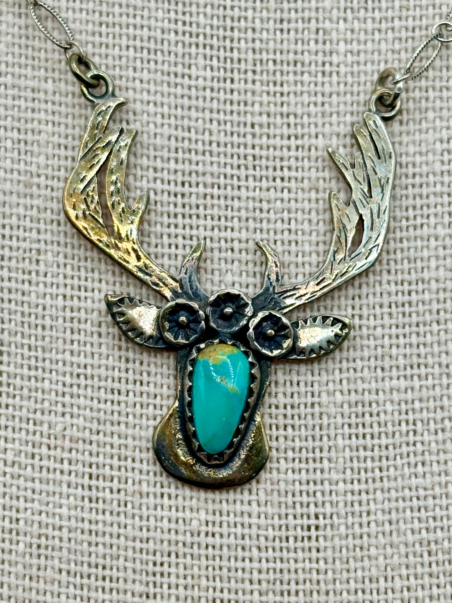 Sterling Silver Southwestern Deer Head Turquoise Necklace