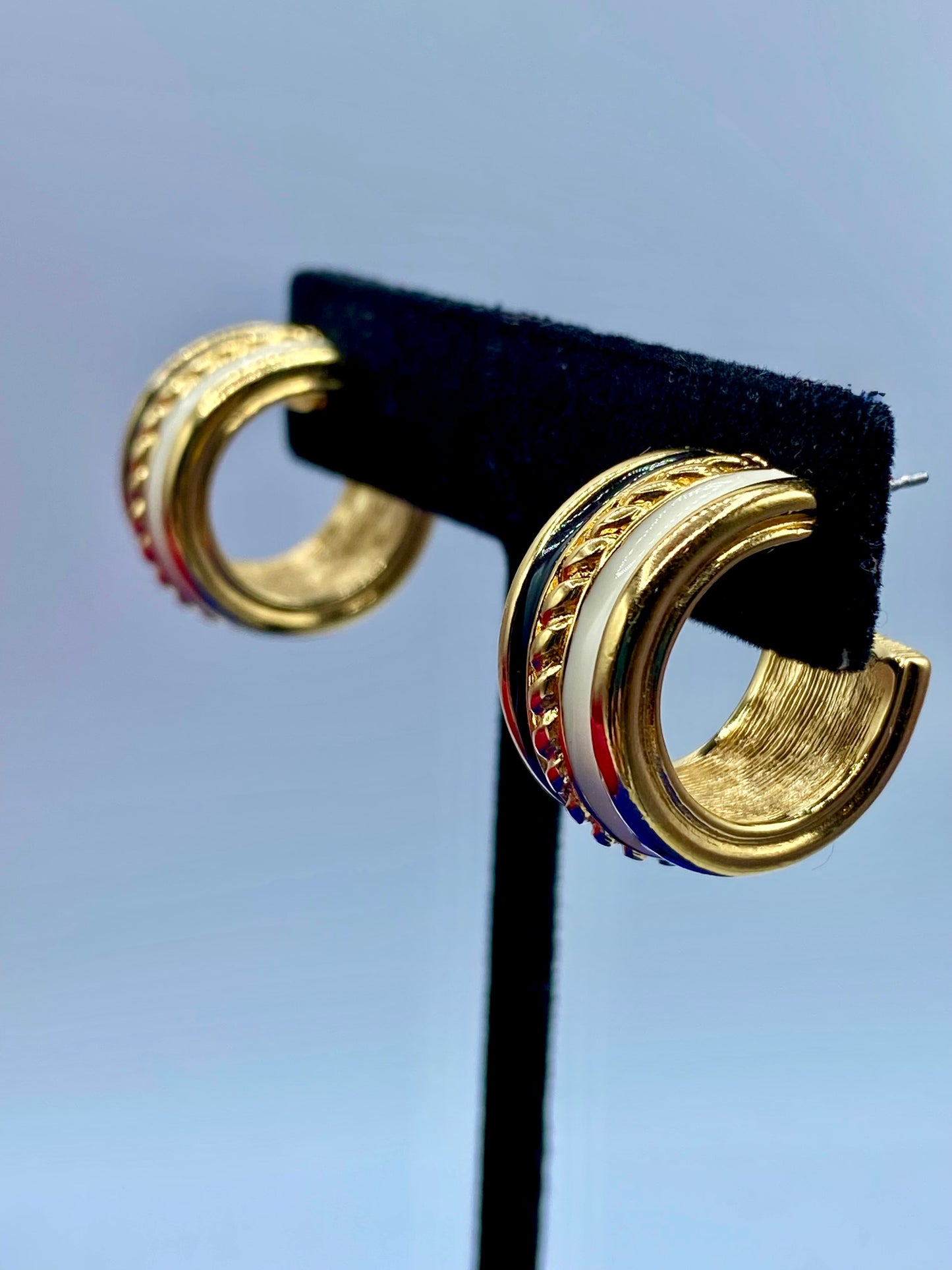 Vintage Monet Enamel Stripe Hoop Earrings