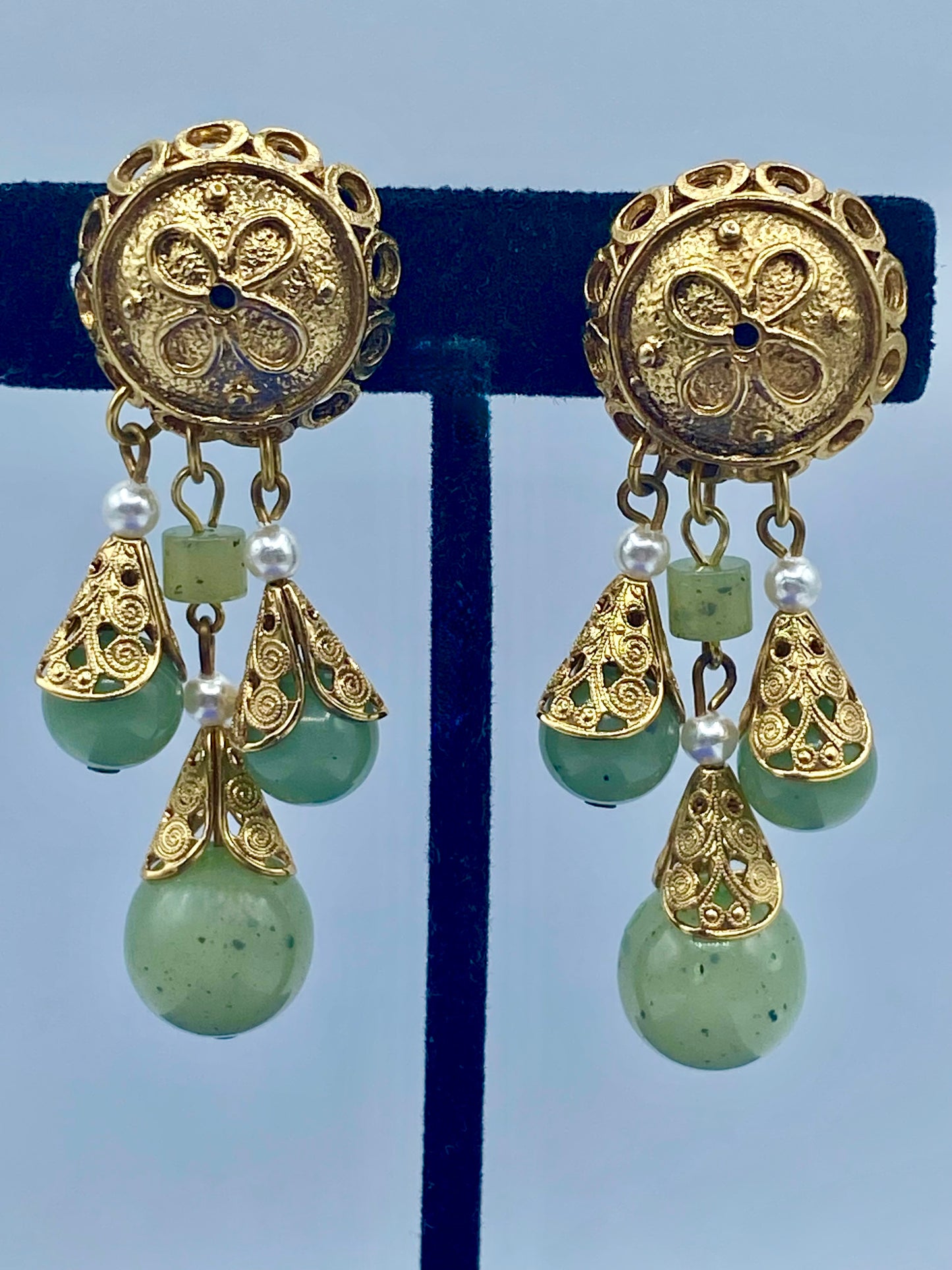 Vintage Duplaise Gold Tone & Green Stone Clip Ons