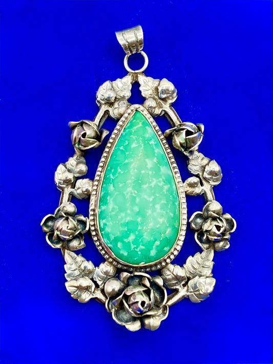 Vintage Sterling Silver Turquoise Floral Pendant