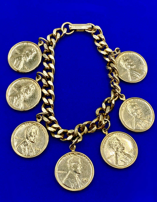 Vintage 1963 Gold Tone Penny Charm Bracelet