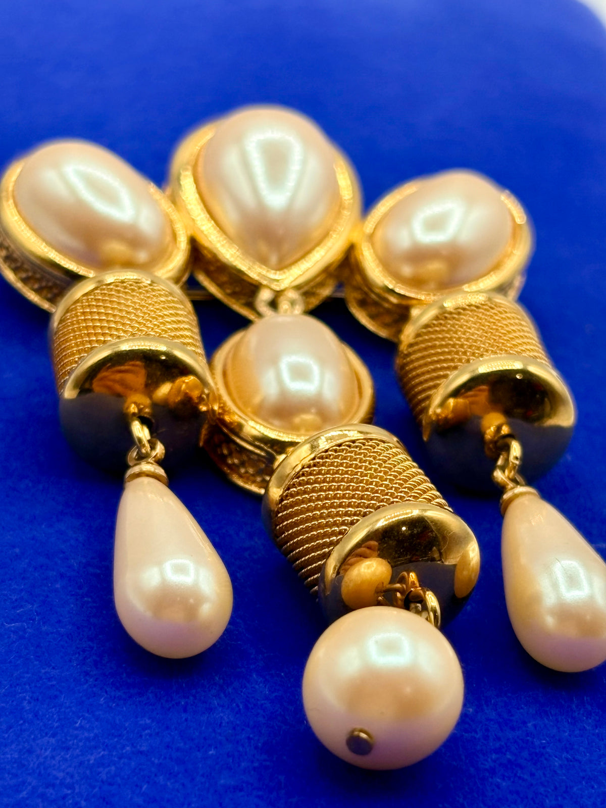 Vintage Monet Gold Tone Faux Pearl Dangle Brooch