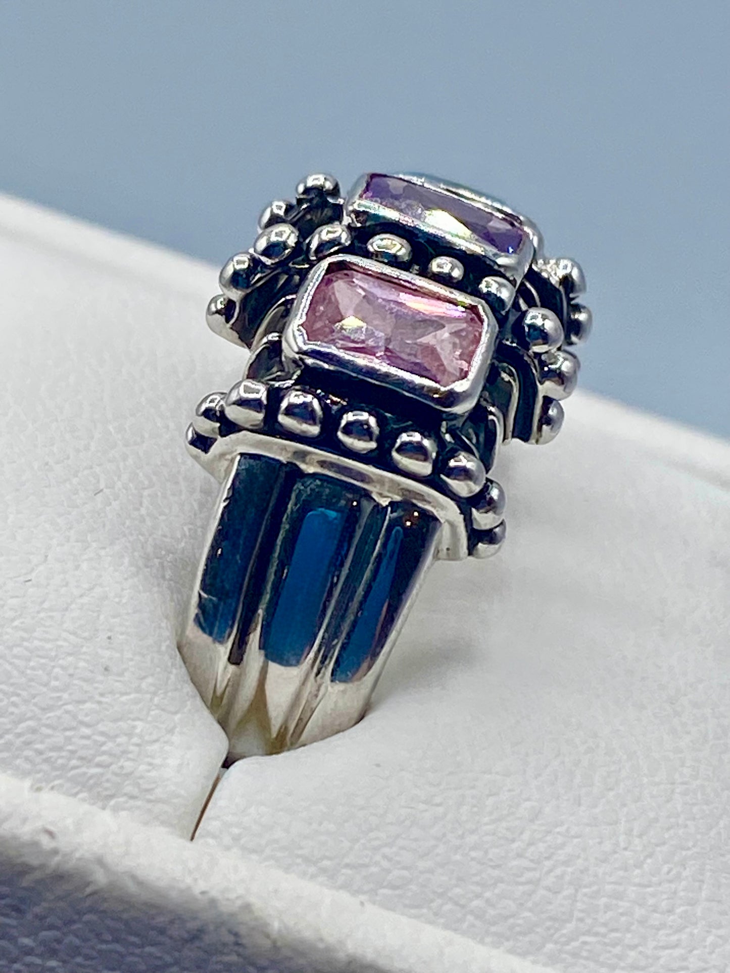 Silver Tone Pink Purple & Blue Crystal Ring