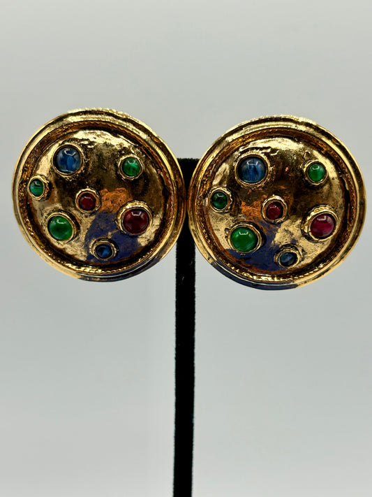 Vintage Carolee Gold Tone & Multi Color Cabochon Clip Ons