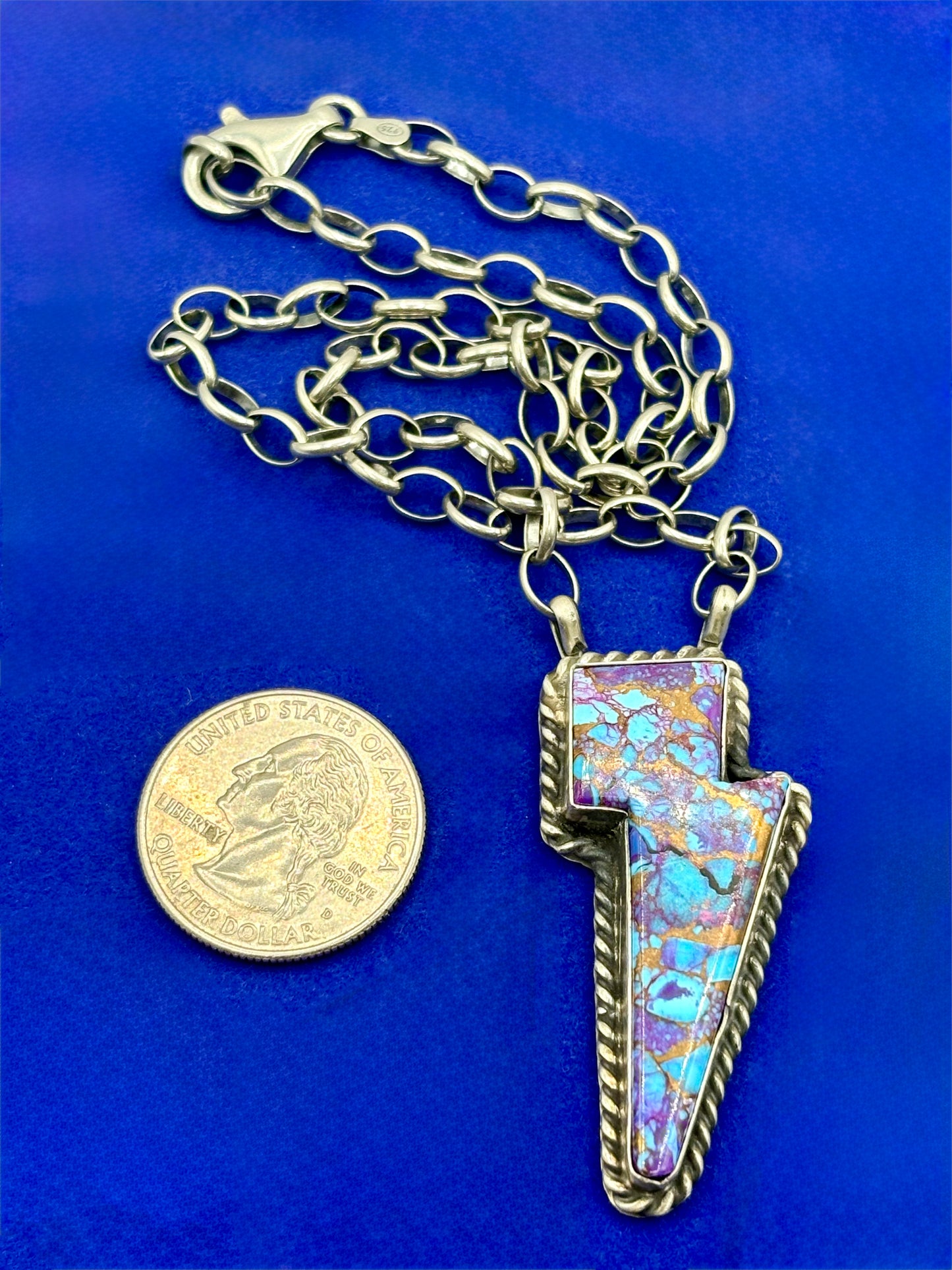 Sterling Silver Native Robert Shakey Purple Mojave Turquoise Lighting Bolt Necklace