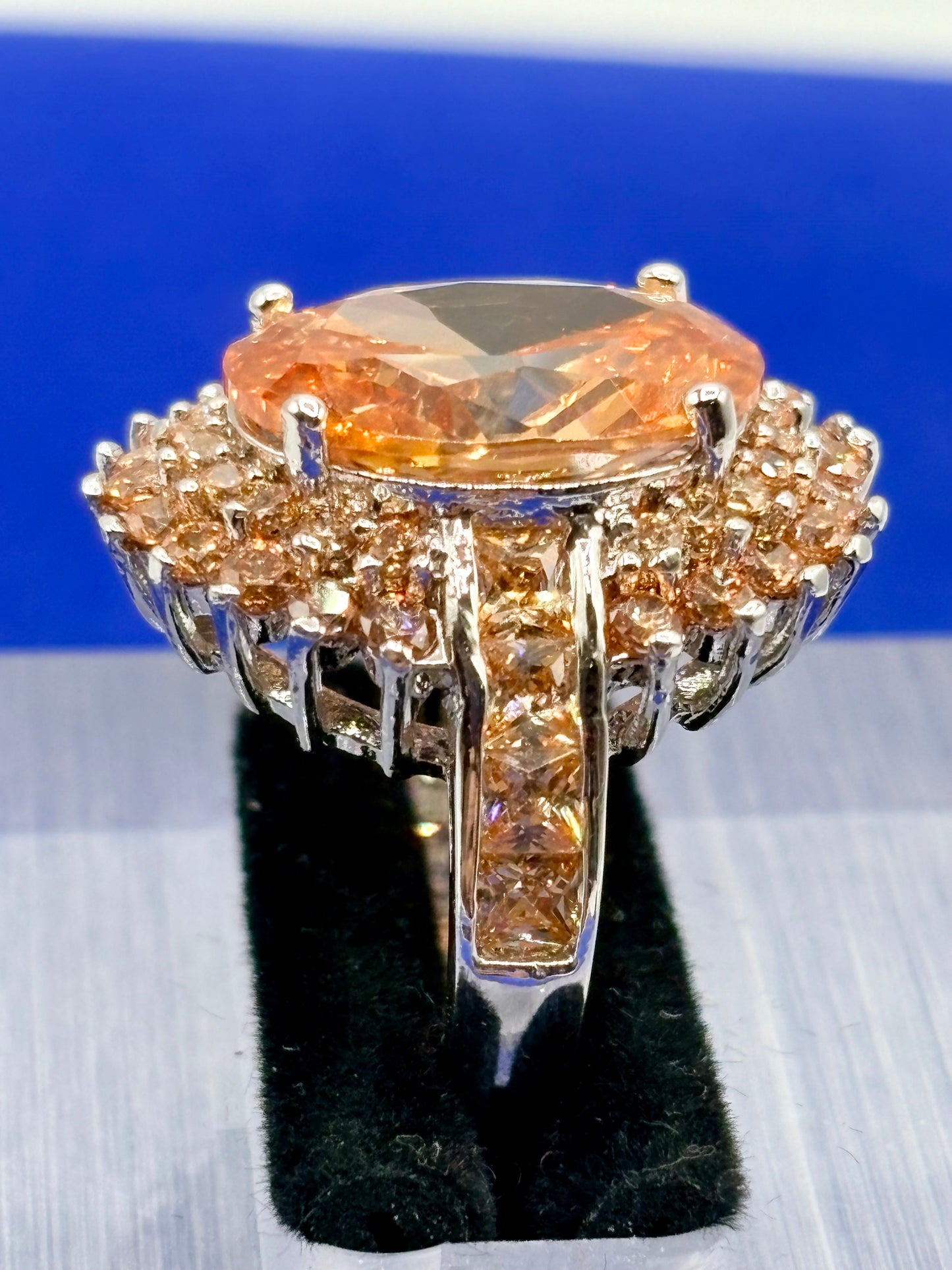 Statement Orange Glass Silver Tone Costume Ring