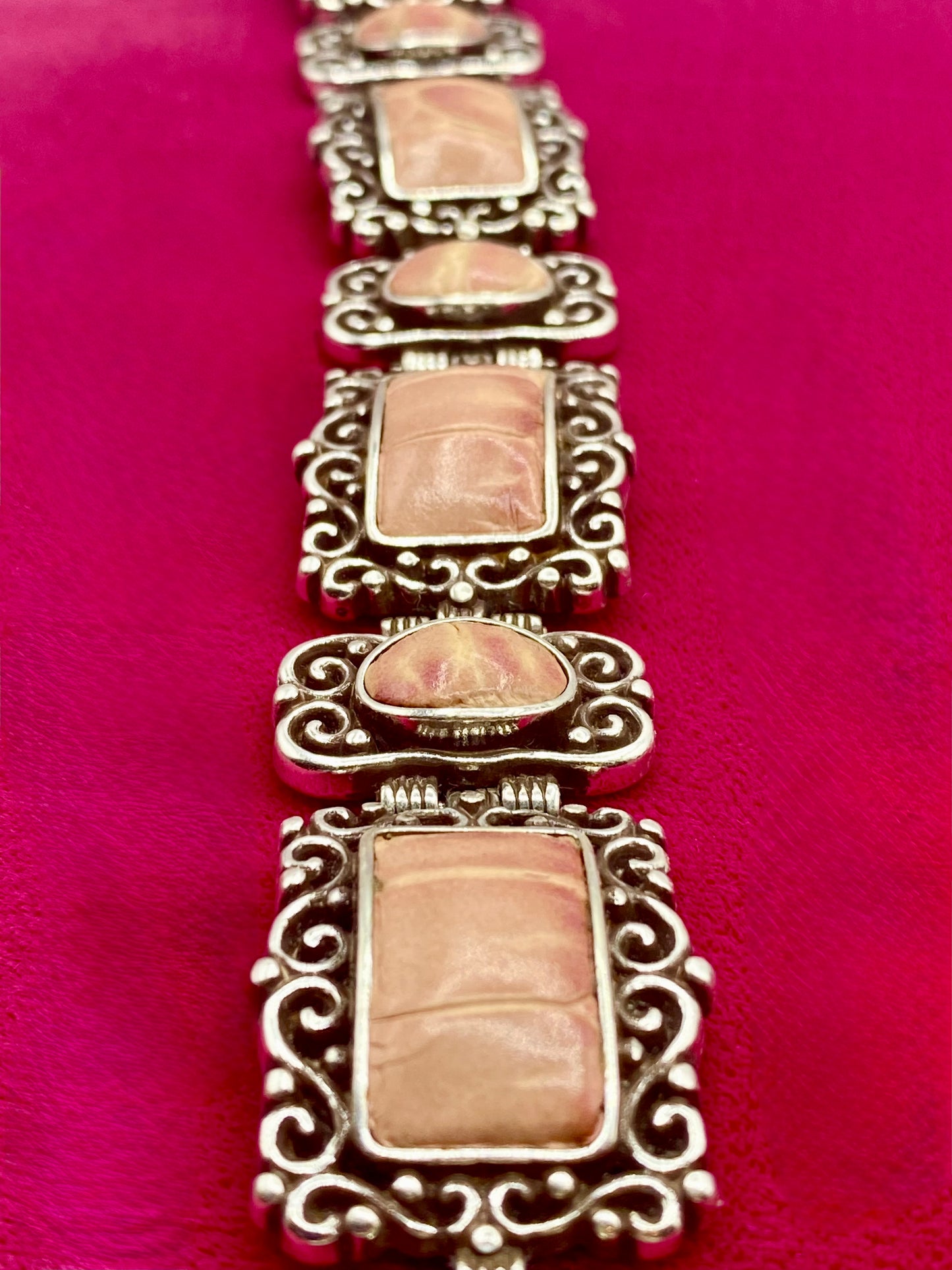 Brighton Park Avenue Pink Leather Scrolled Silver Tone Links Bracelet