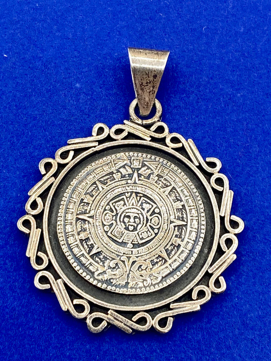 Vintage Mexico Taxco Mayan Aztec Calendar Sterling Silver Pendant