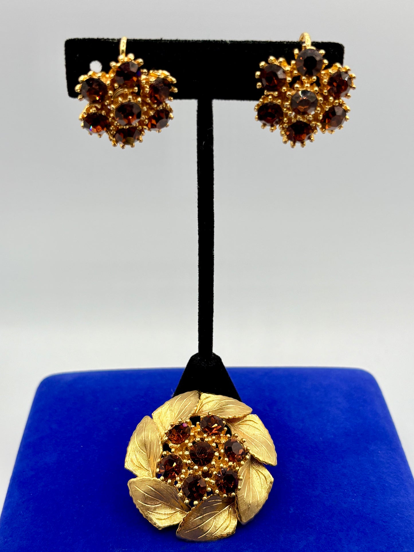 Vintage Gold Tone & Brown Rhinestone Jewelry Set