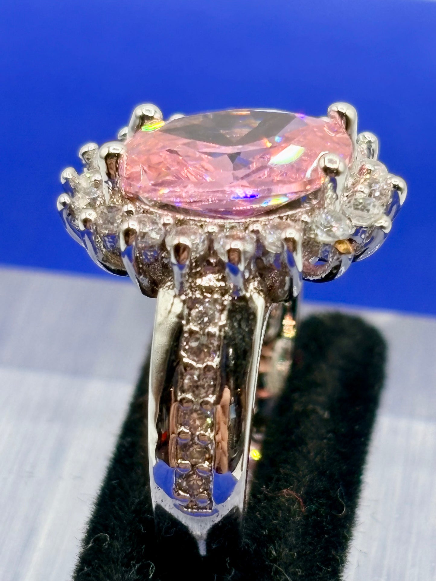 Pink & Clear Glass Silver Tone Costume Ring