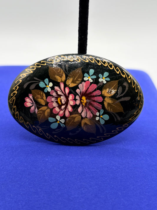 Vintage Hand Painted Floral Russian Lacquer Brooch