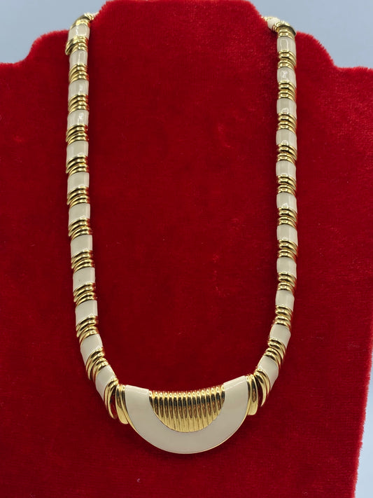 Vintage Monet Cream Enamel & Gold Tone Necklace