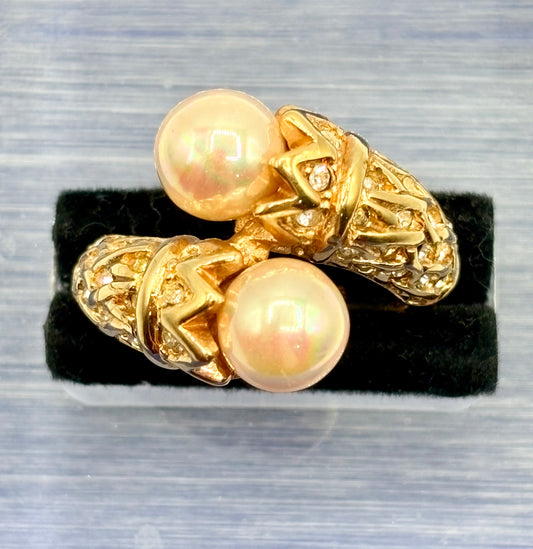 Nolan Miller Gold Tone Pearl & Rhinestone Cocktail Ring