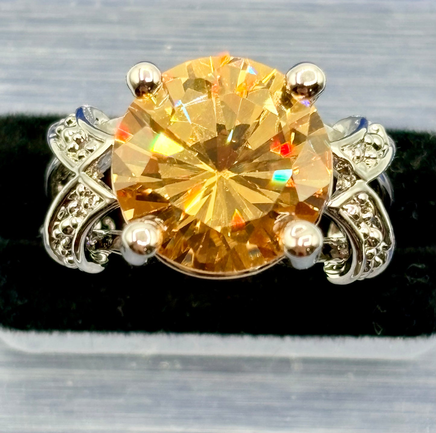 Orange Glass Silver Tone Costume Ring