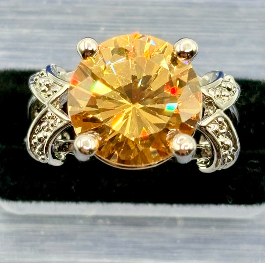 Orange Glass Silver Tone Costume Ring