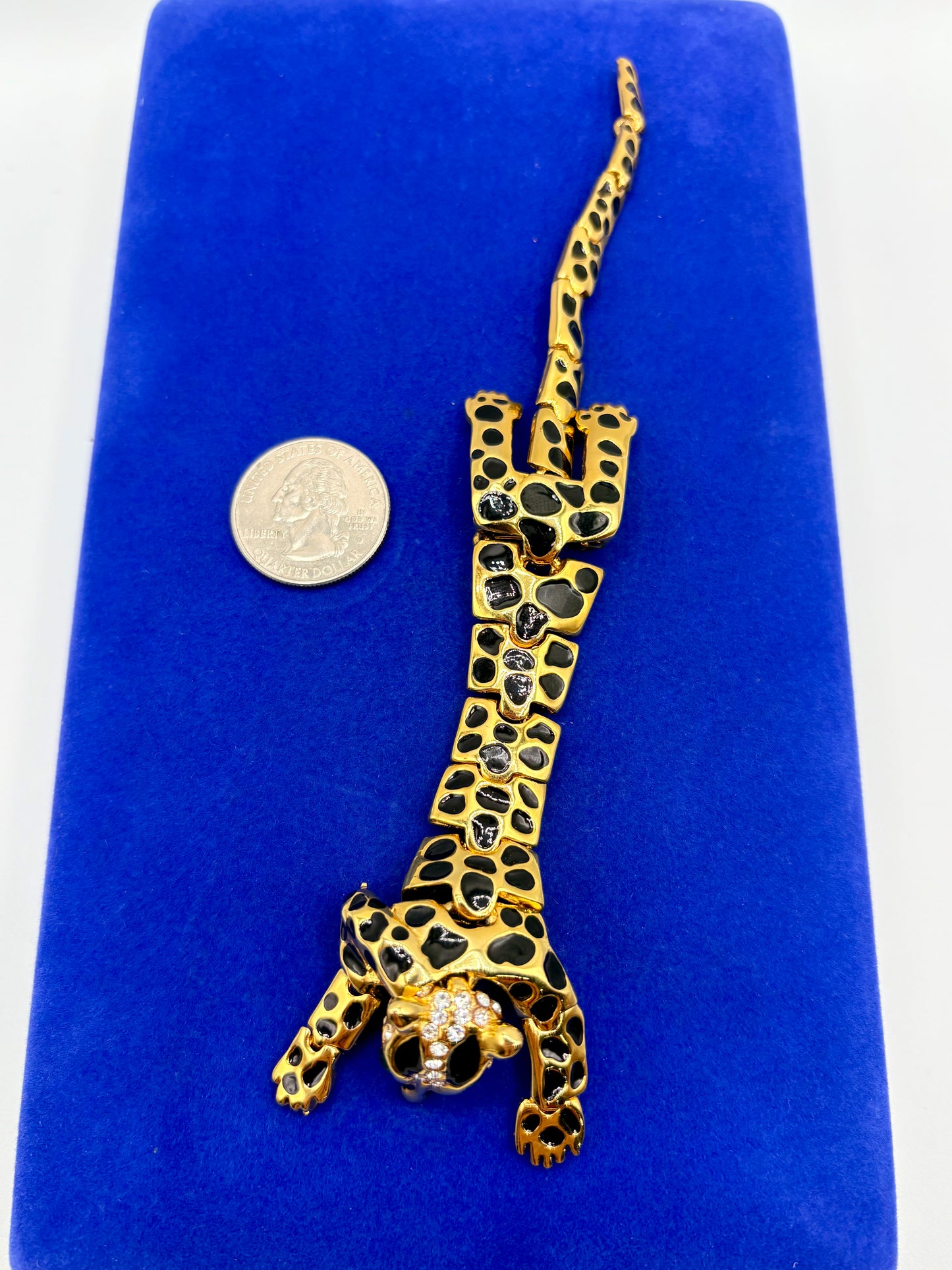 Gold Tone Black Enameled Big Cat Shoulder Brooch