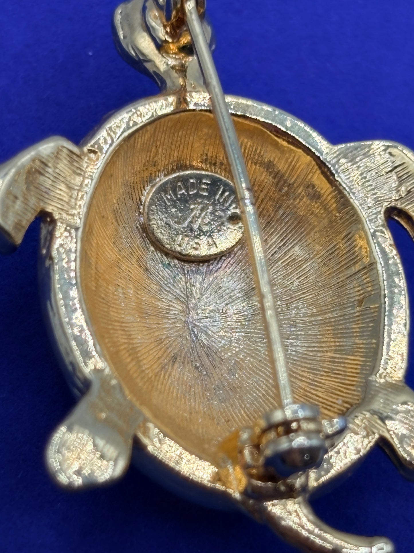 Vintage Designer M Clear Rhinestone Turtle Gold Tone Brooch