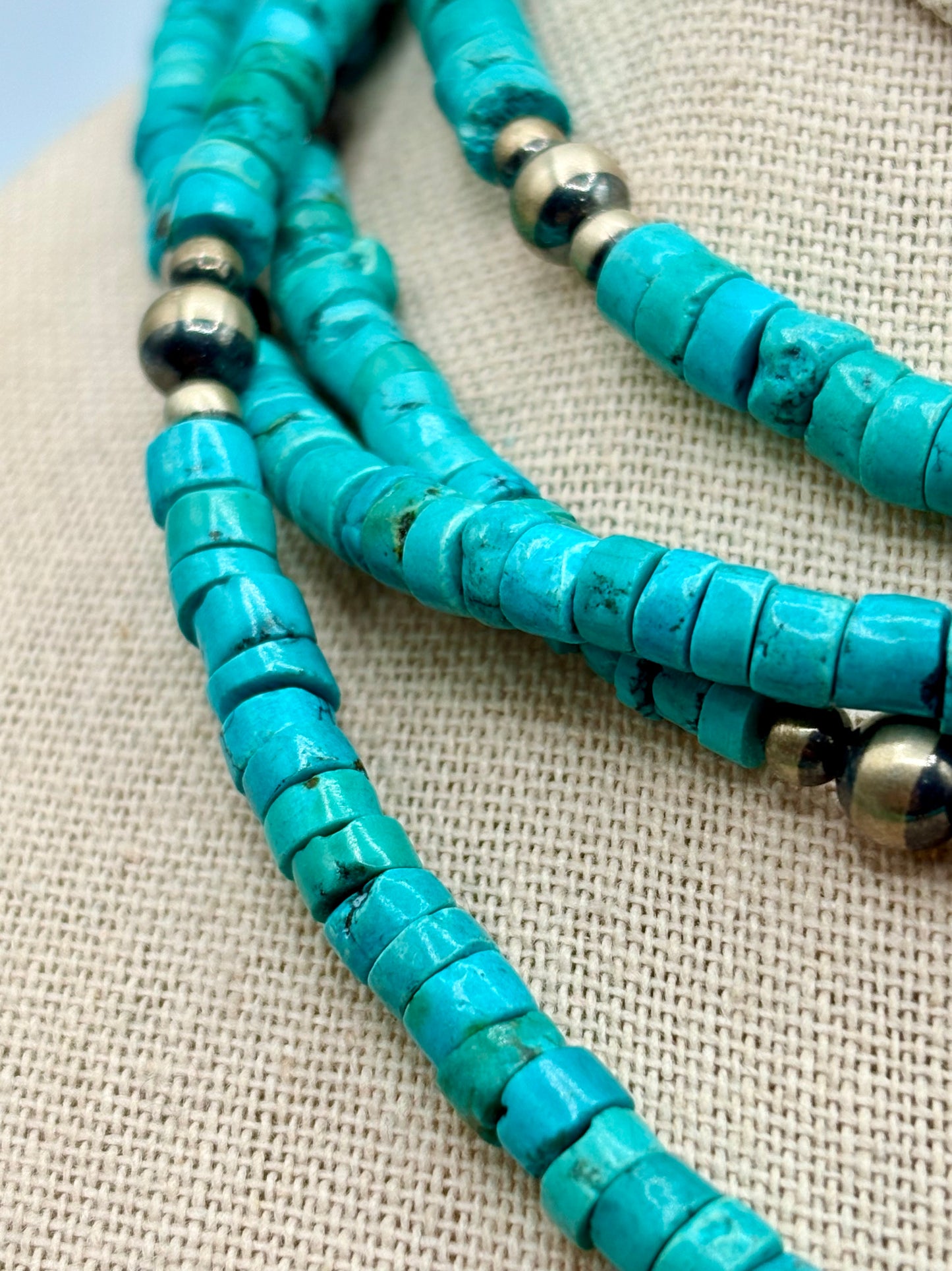 Sterling Silver Southwestern Navajo Pearls & Turquoise Discs Long Necklace