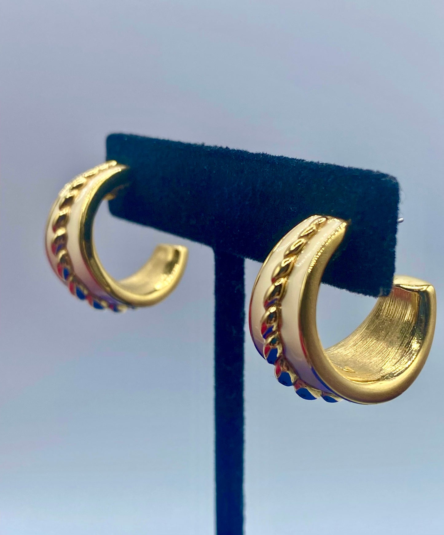 Monet White Enamel & Gold Tone Earrings