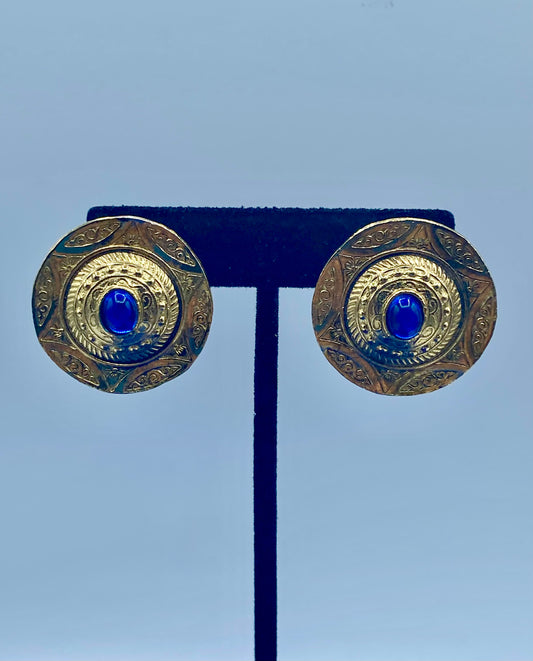 Gold Tone & Blue Glass Cabochon Earrings