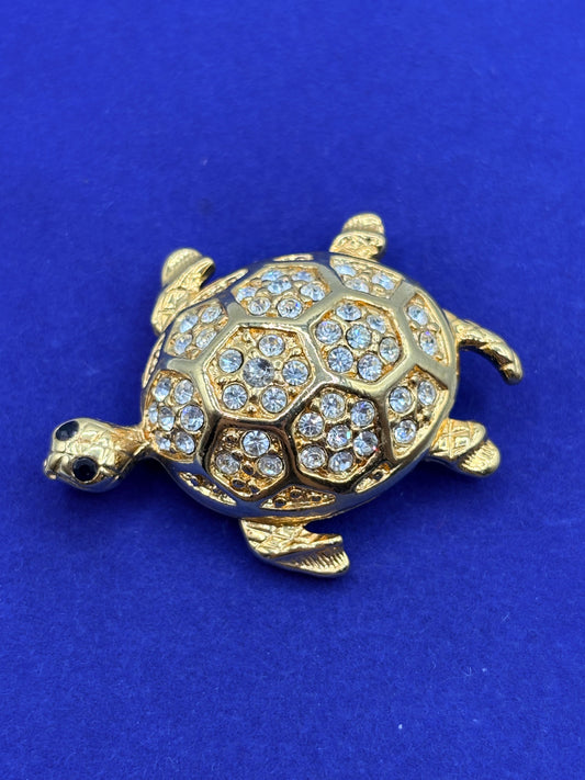 Vintage Designer M Clear Rhinestone Turtle Gold Tone Brooch