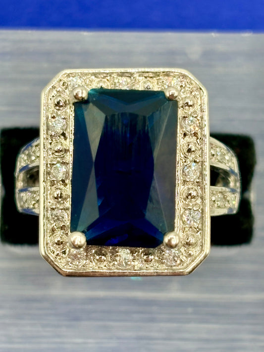 Silver Tone Dark Blue Glass & Rhinestone Ring