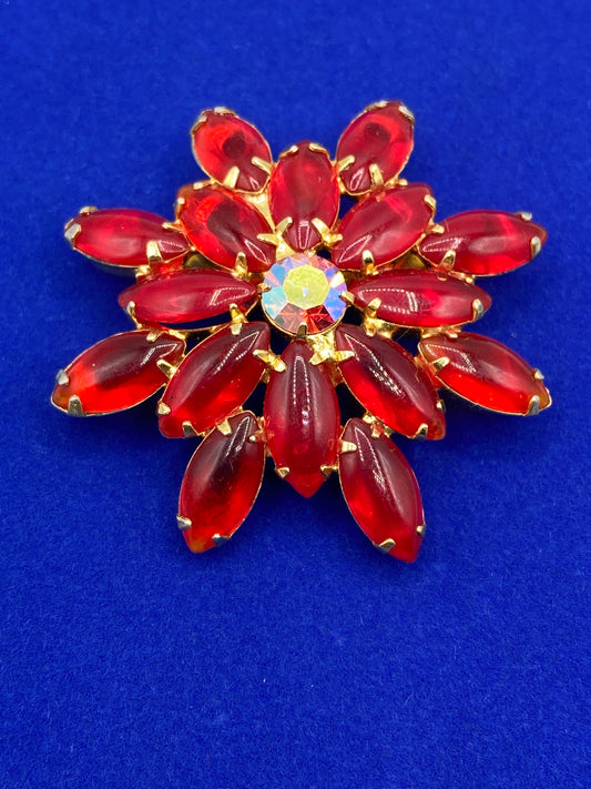 Red Rhinestone Glowing Floral Brooch