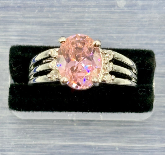 Pink & Clear Glass Silver Tone Costume Ring