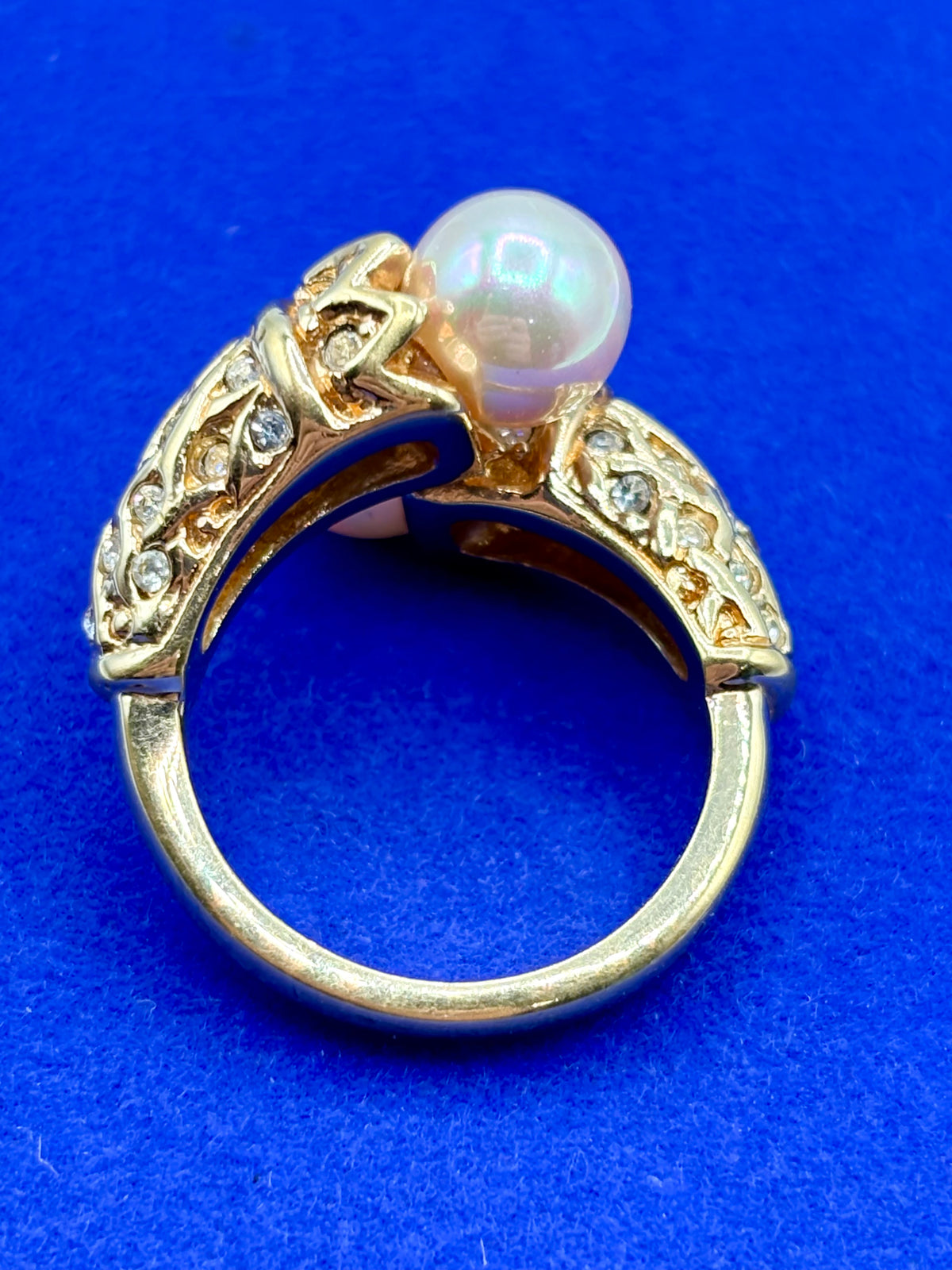 Nolan Miller Gold Tone Pearl & Rhinestone Cocktail Ring