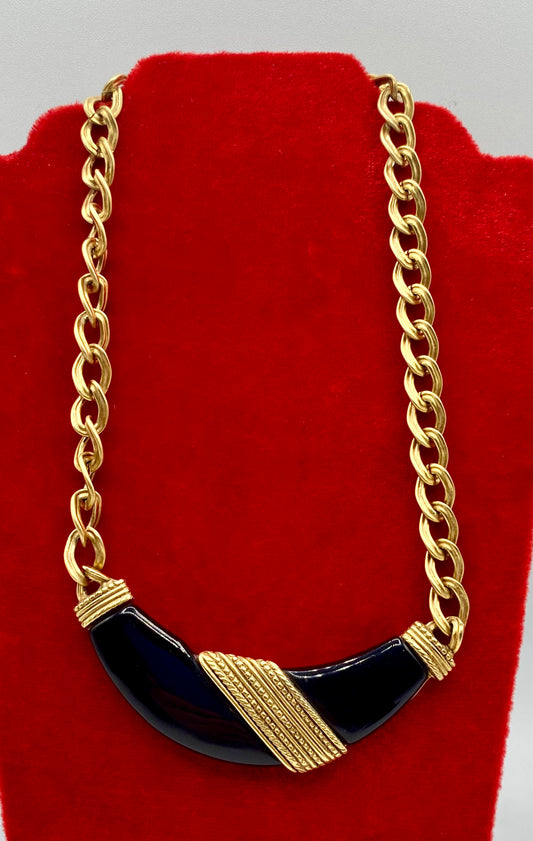Vintage Gold Tone & Black Acrylic Statement Necklace