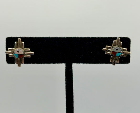 Sterling Silver Zuni Turquoise Coral & MOP Inlay Stud Earrings