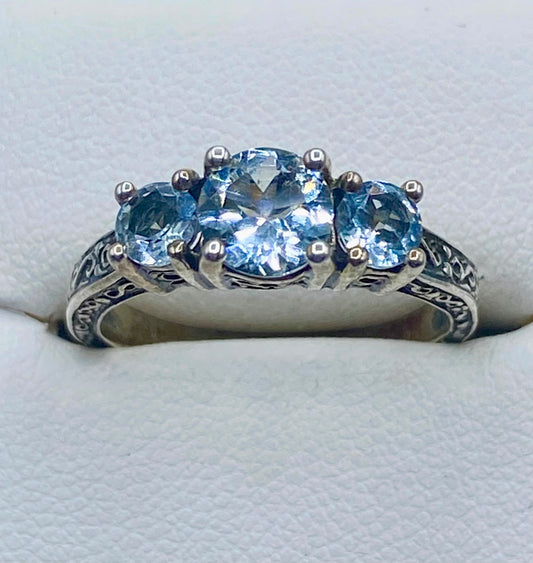 Sterling Silver Tri Stone Aquamarine Ring