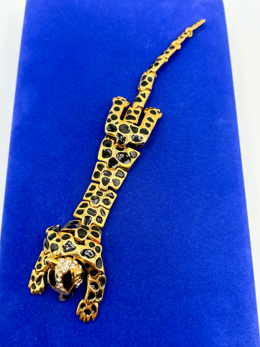 Gold Tone Black Enameled Big Cat Shoulder Brooch