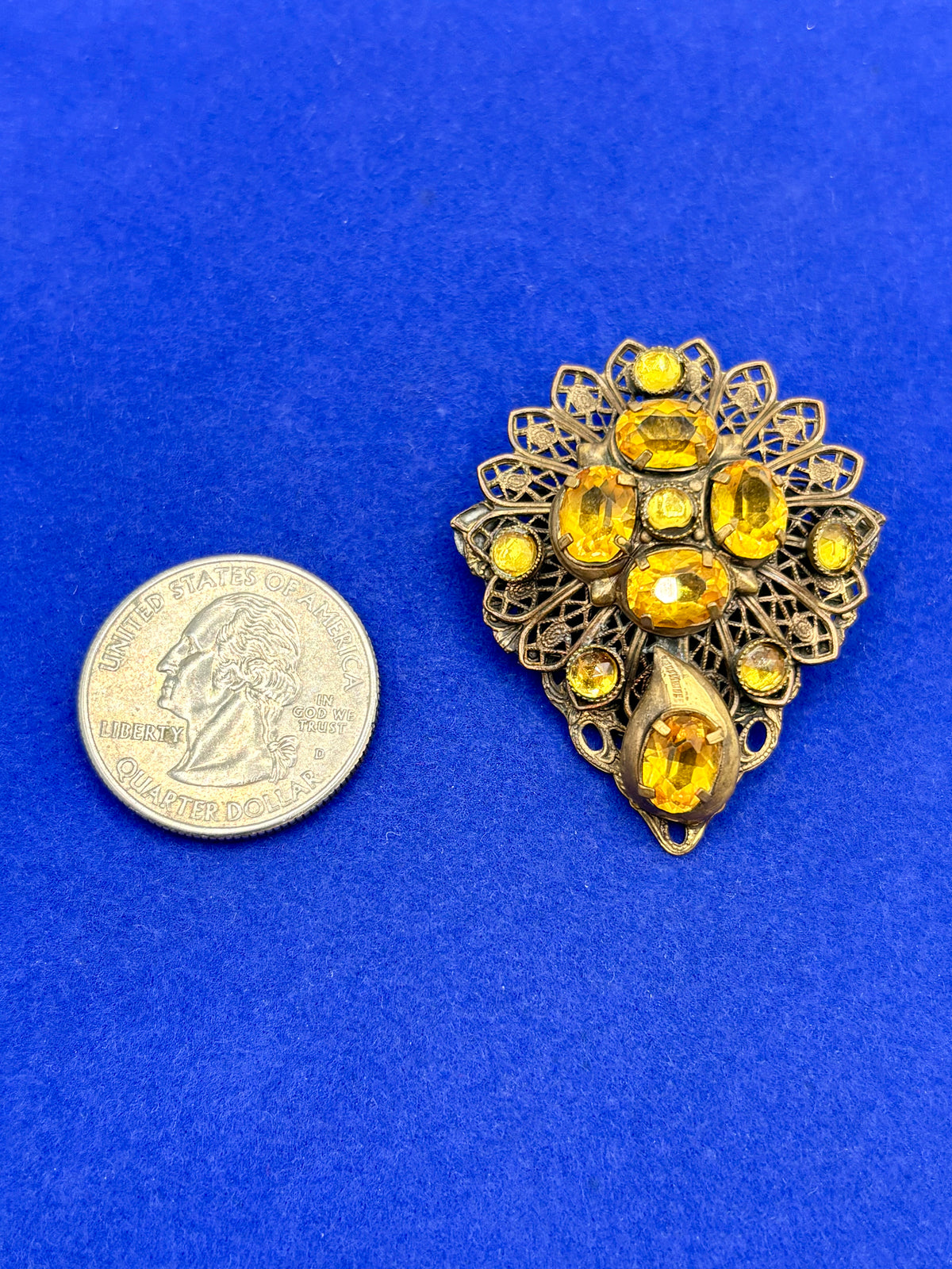 Antique Yellow Glass Filigree Brooch (Glows)