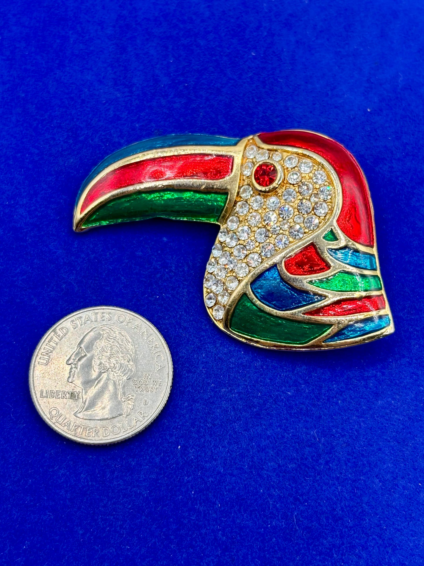 Gold Tone Enameled & Rhinestone Toucan Head Brooch