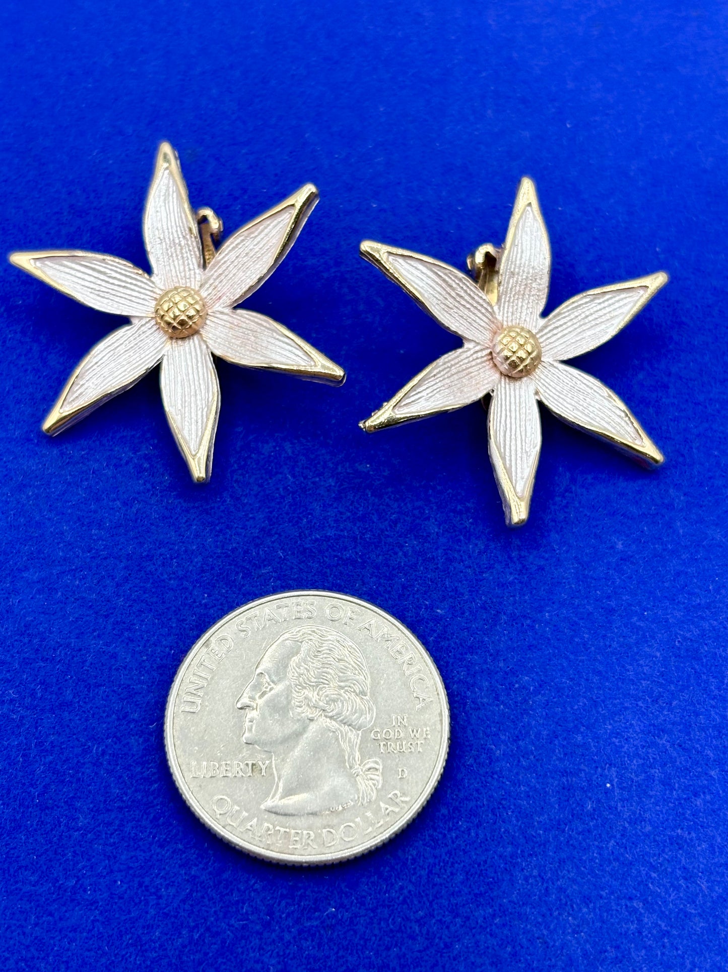 Vintage White Enamel Floral Gold Tone Clip Ons
