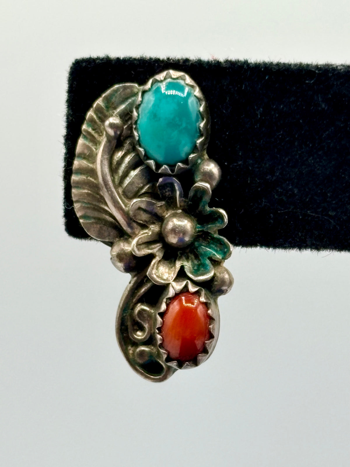 Sterling Silver Native Coral & Turquoise Floral Earrings