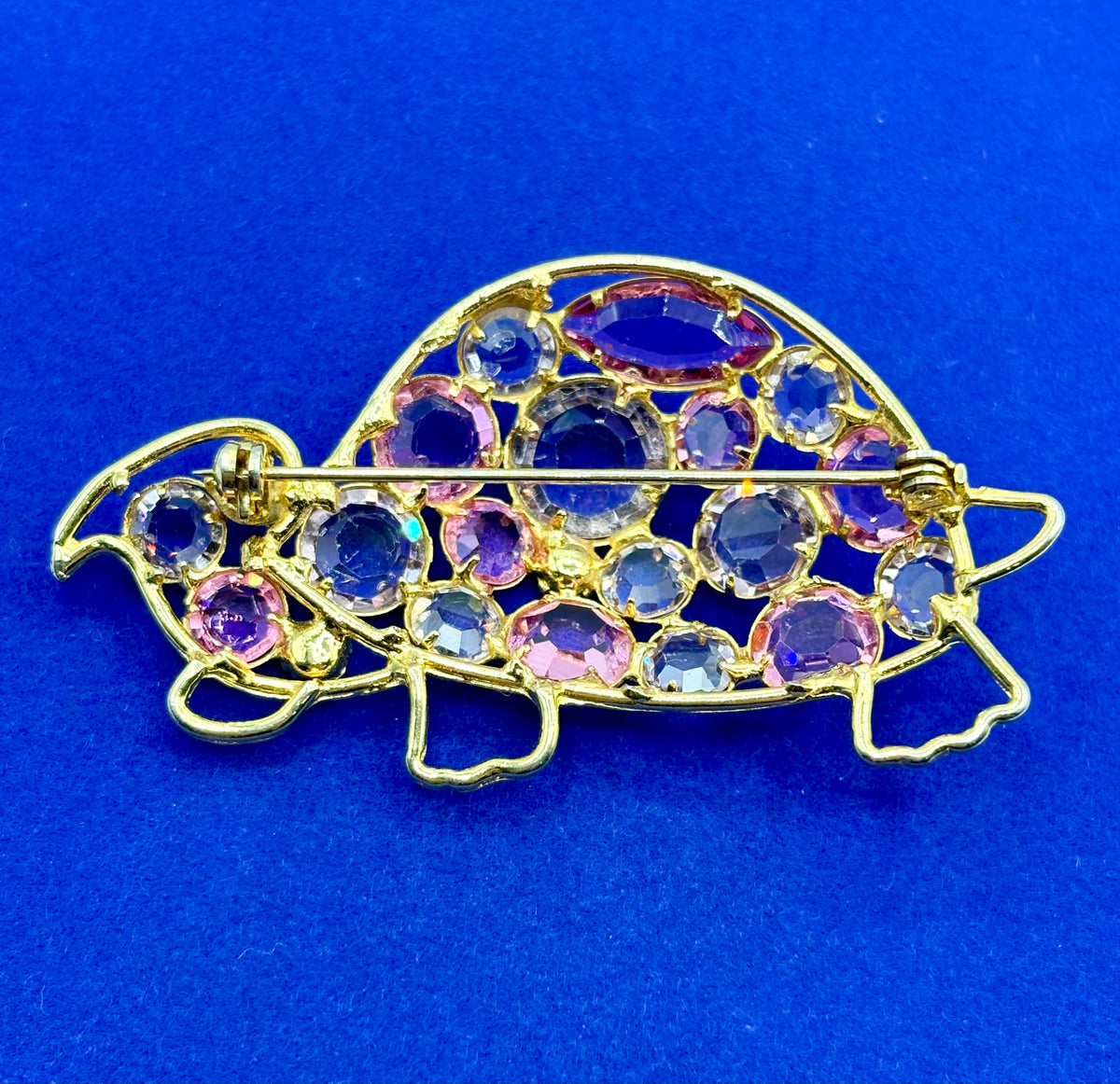 Vintage Gold Tone Pink & Purple Glass Rhinestone Turtle Brooch