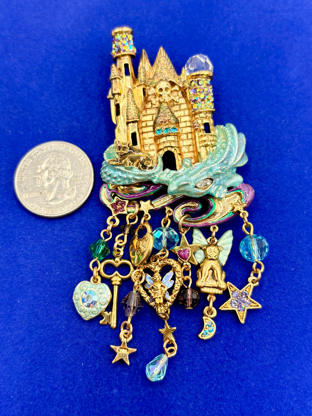 Kirk’s Folly Gold Tone Dragon Castle Statement Brooch/Pendant AS IS