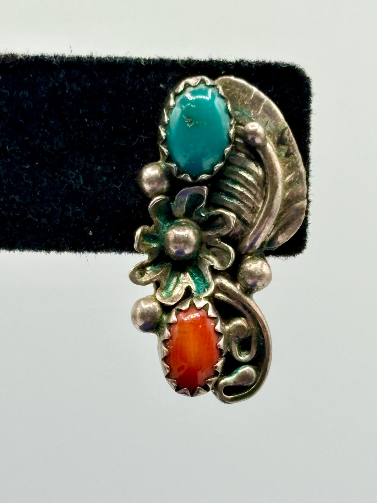 Sterling Silver Native Coral & Turquoise Floral Earrings