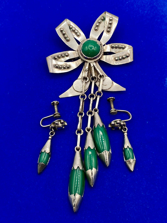 Vintage Sterling Silver Mexico Jade Brooch & Earring Set
