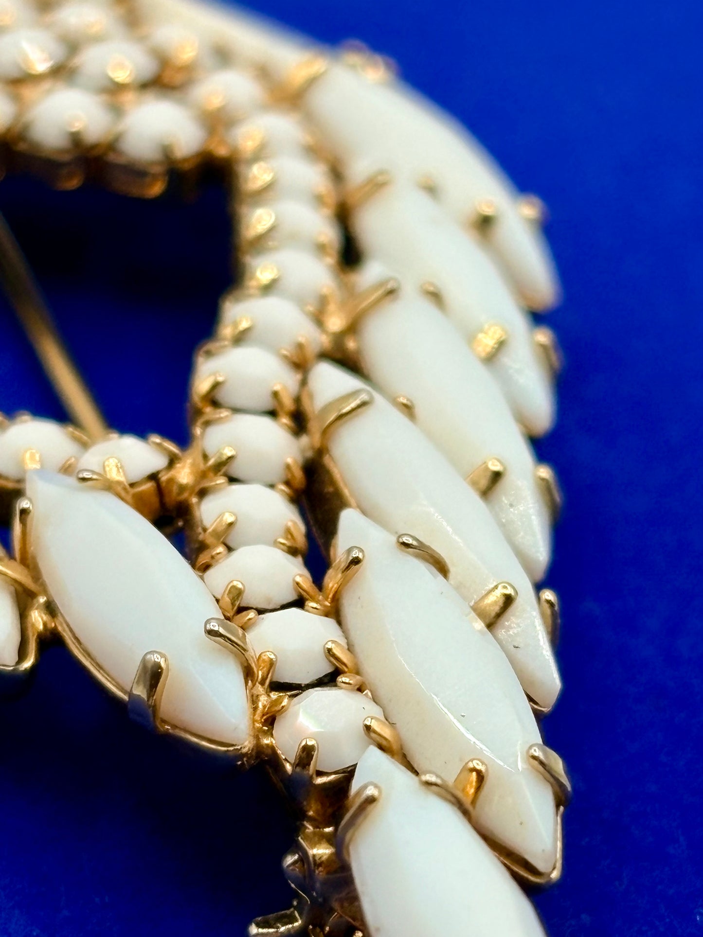 Vintage Prong Set Milk Glass Gold Tone Brooch