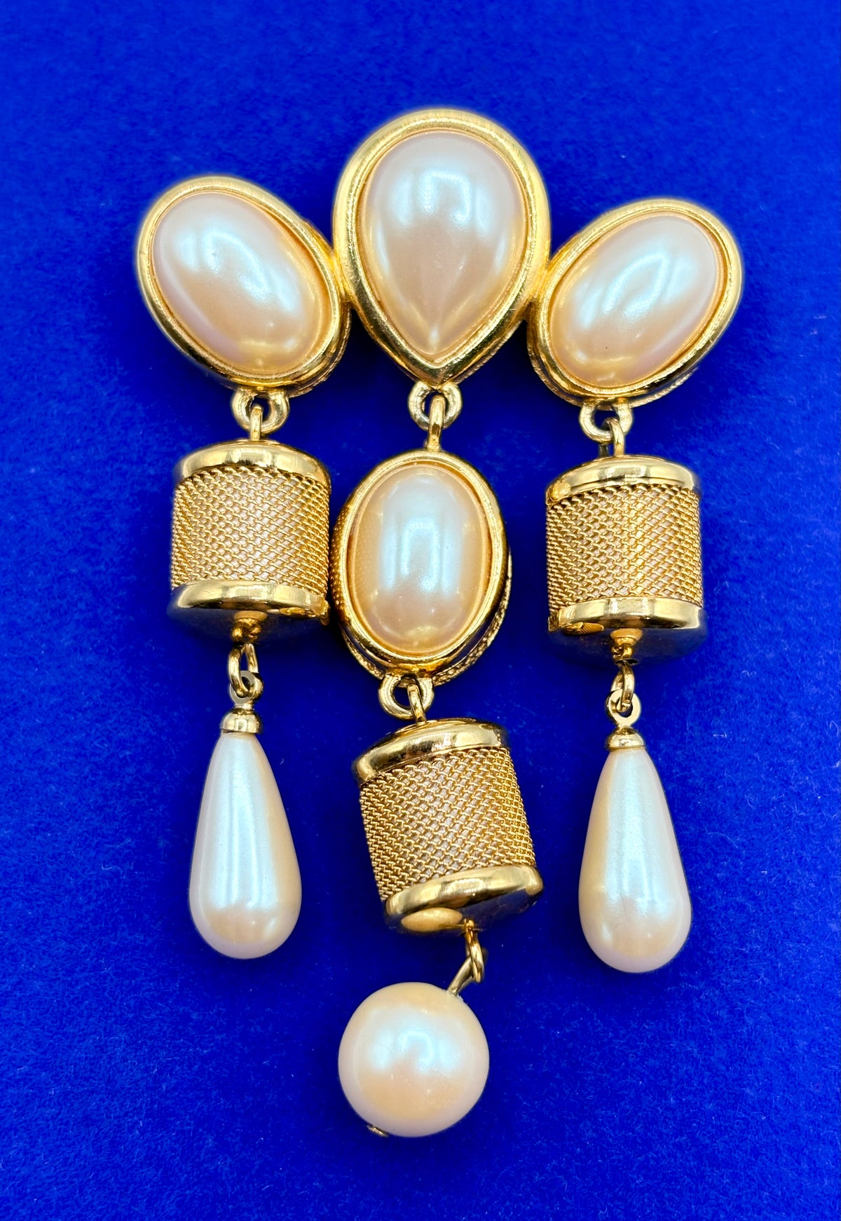 Vintage Monet Gold Tone Faux Pearl Dangle Brooch