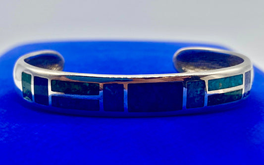 Sterling Silver Southwestern CCO Malachite Turquoise & Lapis Inlay Cuff Bracelet