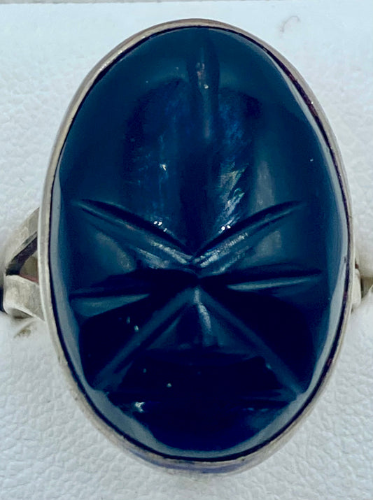 Sterling Silver Black Onyx Carved Face Ring
