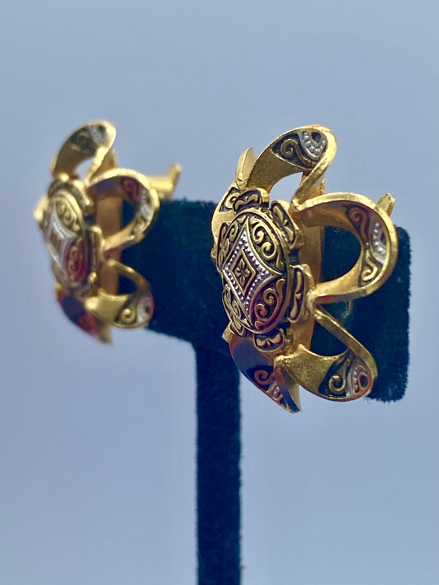 Vintage Spain Damascene Floral Clip Ons