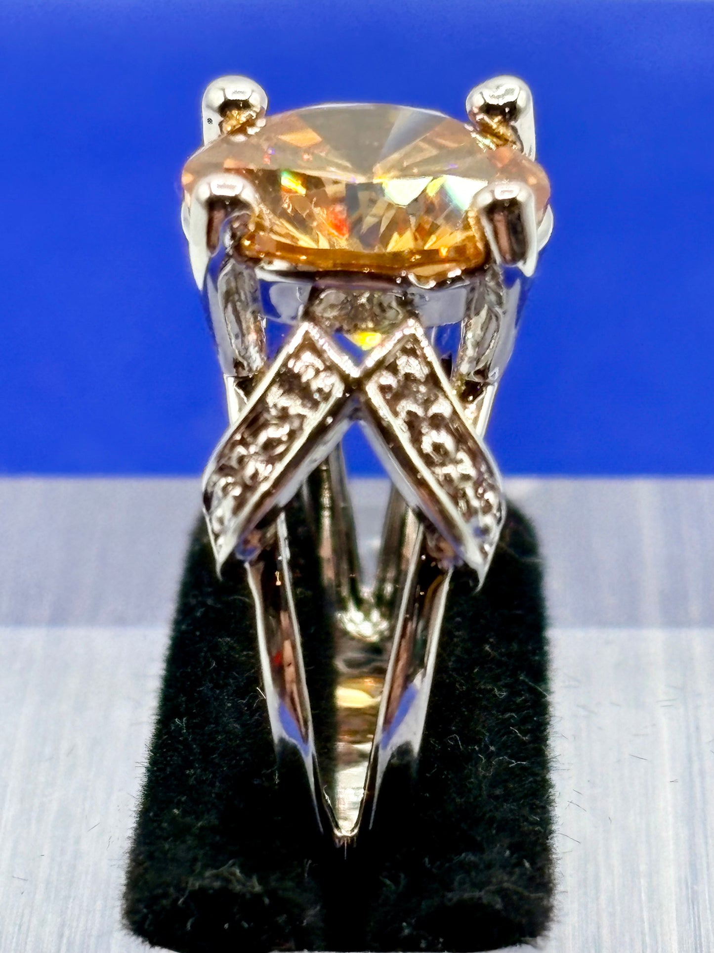 Orange Glass Silver Tone Costume Ring