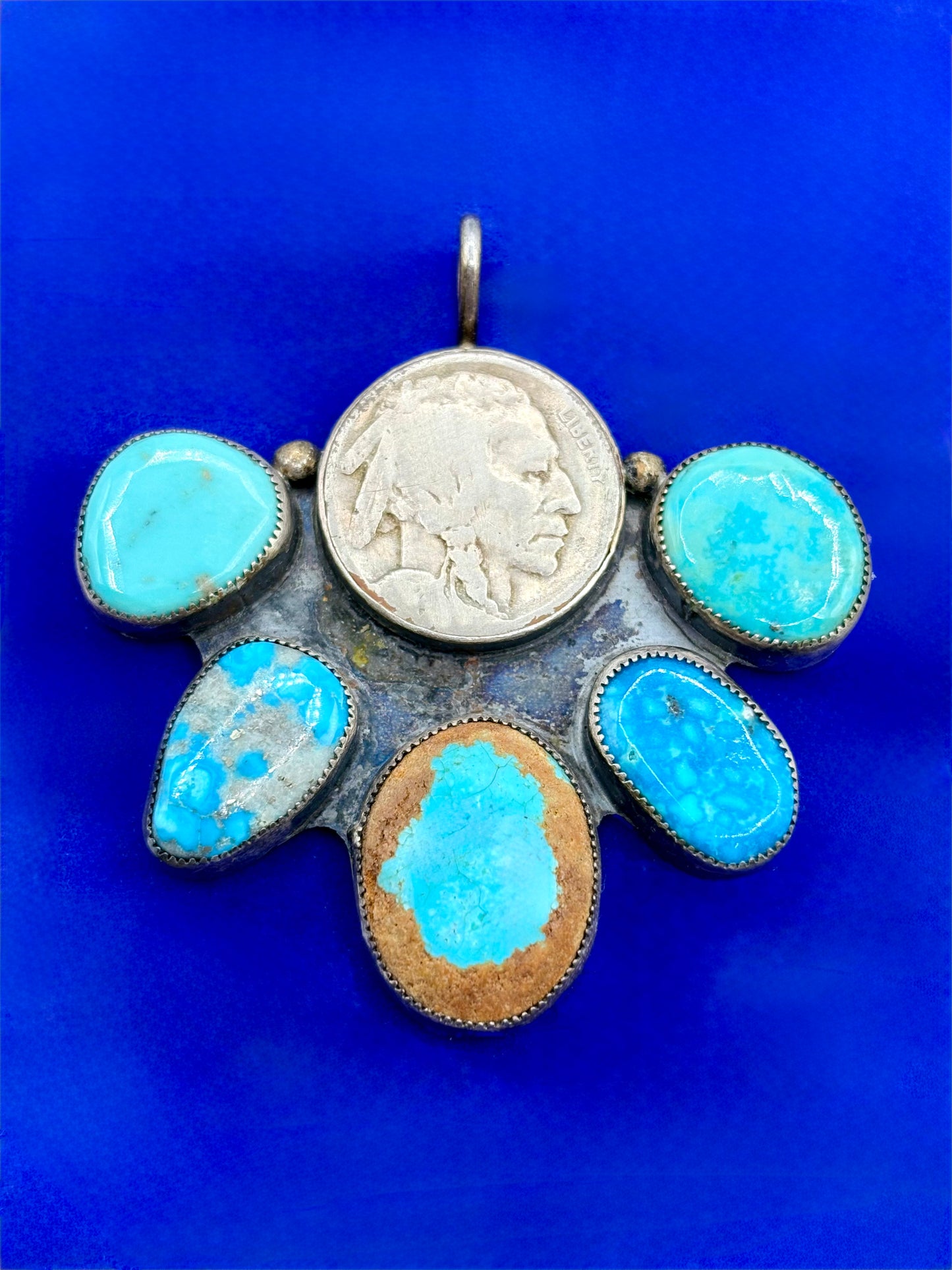 Sterling Silver Native Alice Me Shirley Buffalo Nickel & Multi Turquoise Pendant
