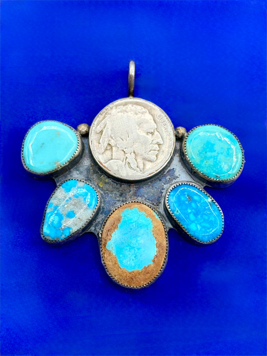 Sterling Silver Native Alice Me Shirley Buffalo Nickel & Multi Turquoise Pendant