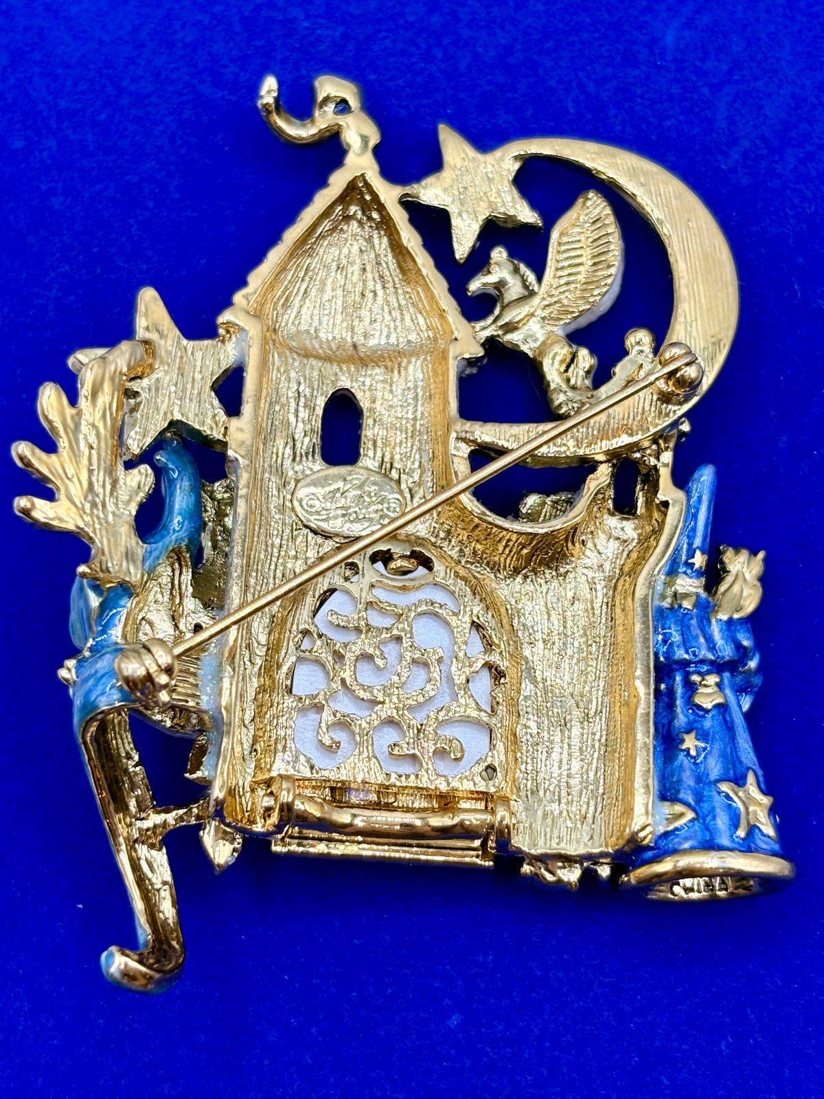 Vintage Kirks Folly Gold Tone Glitter Wizard Castle Brooch